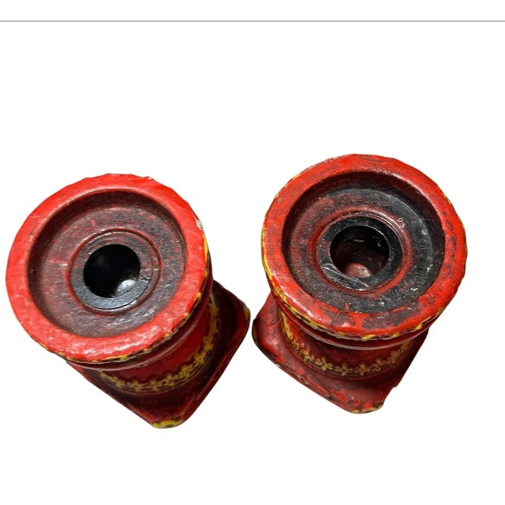VTG Napco Pair Of Red Candle Pillar‎ Holders Christmas Decor Japan